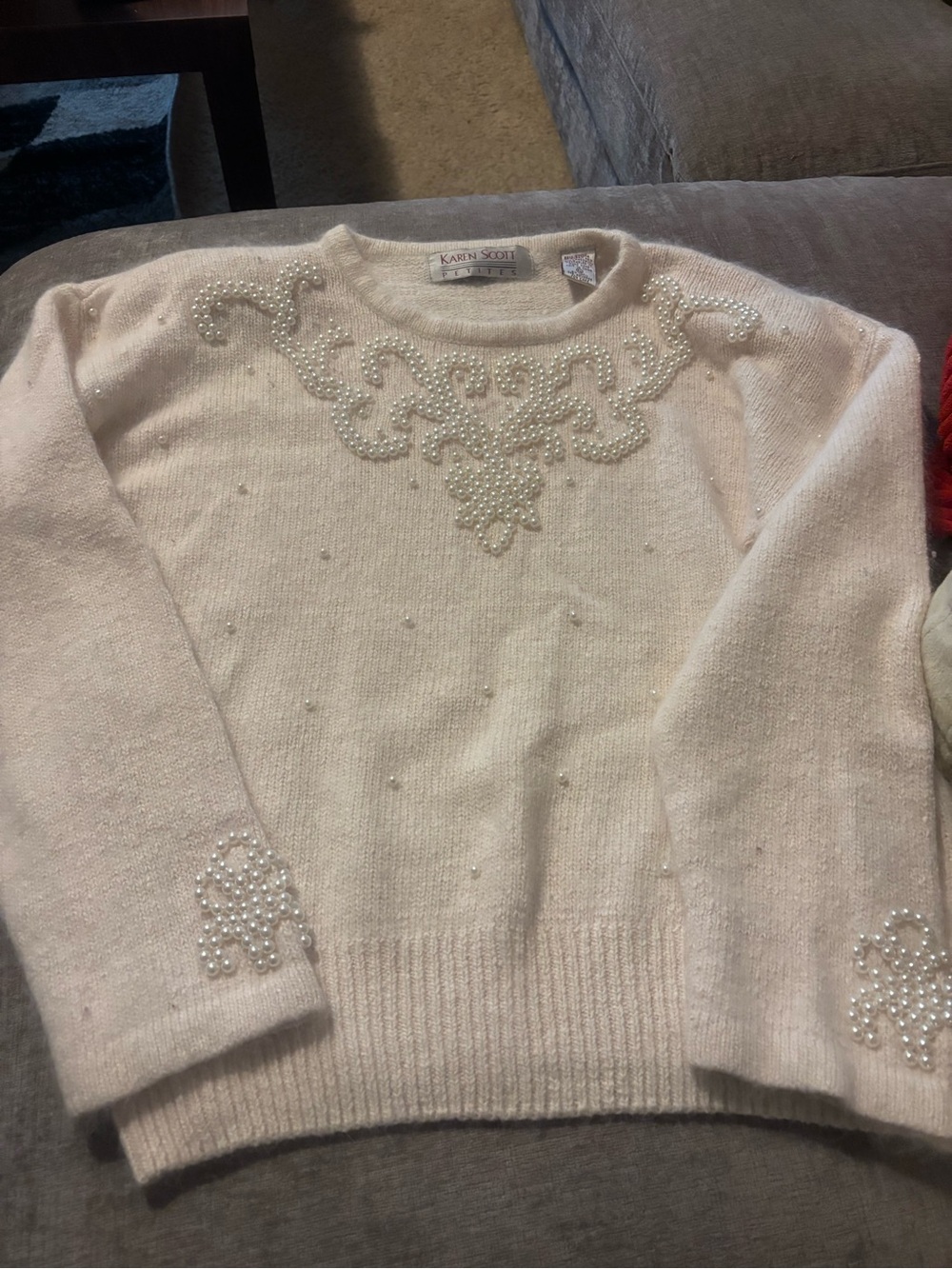 Karen Scott Cream Pearl-Accent Crewneck Sweater vintage silk angora blend